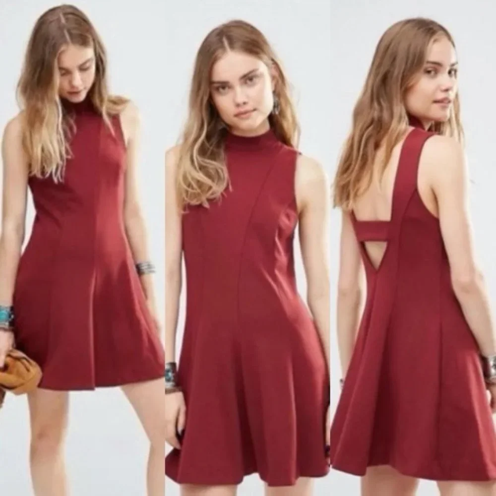 FREE PEOPLE Layla Red Sleeveless Knit Mini Skater POCKET Fit & Flare Dress EUC L